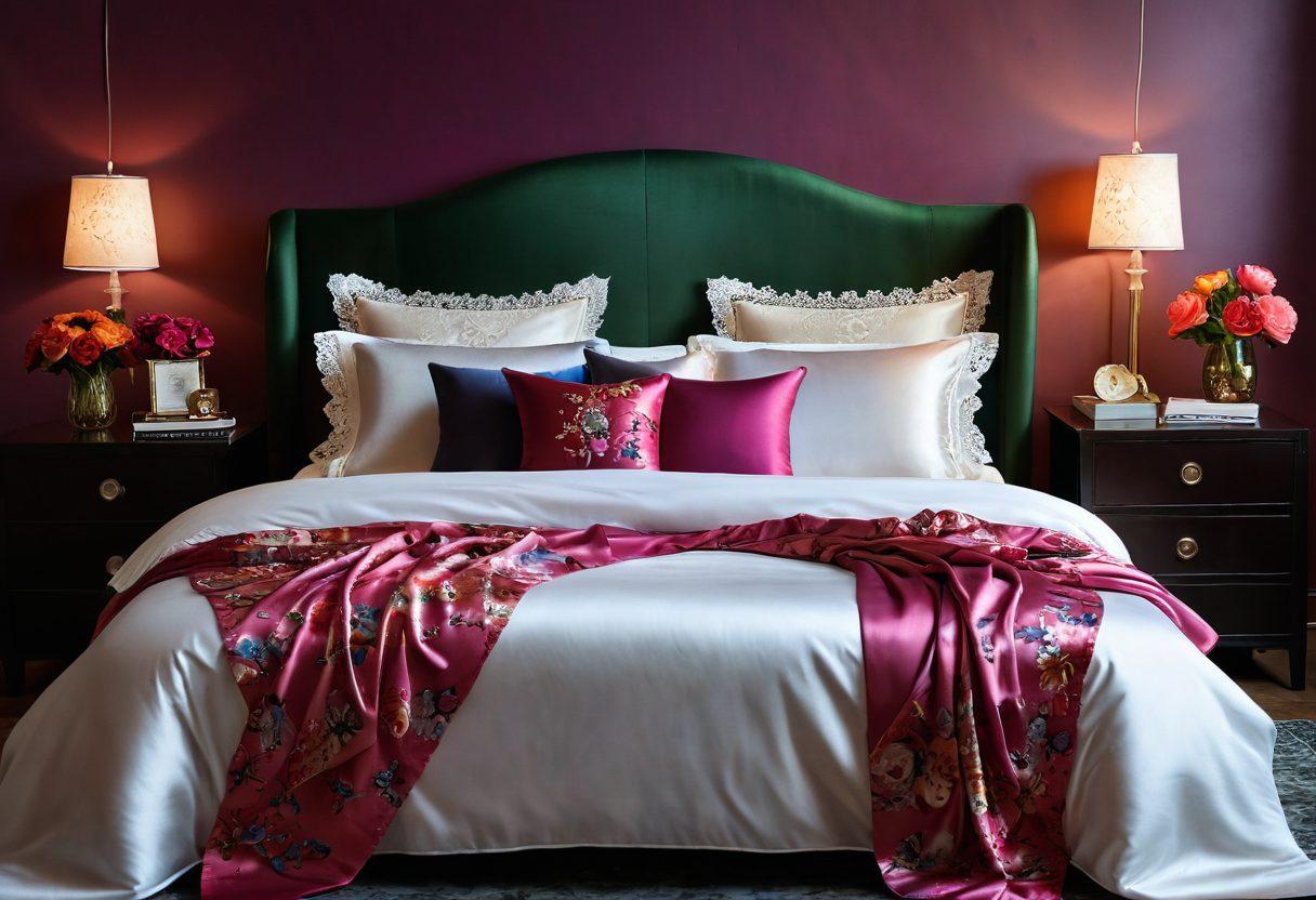 A stylish bedroom scene featuring a beautiful spread of colorful and elegant intimate apparel, artfully arranged on silk sheets. Include playful accessories like lace masks and vibrant lingerie details, surrounded by soft lighting and a touch of seduction. Add delicate floral elements to evoke a sense of romance and intimacy. super-realistic. vibrant colors. warm atmosphere.